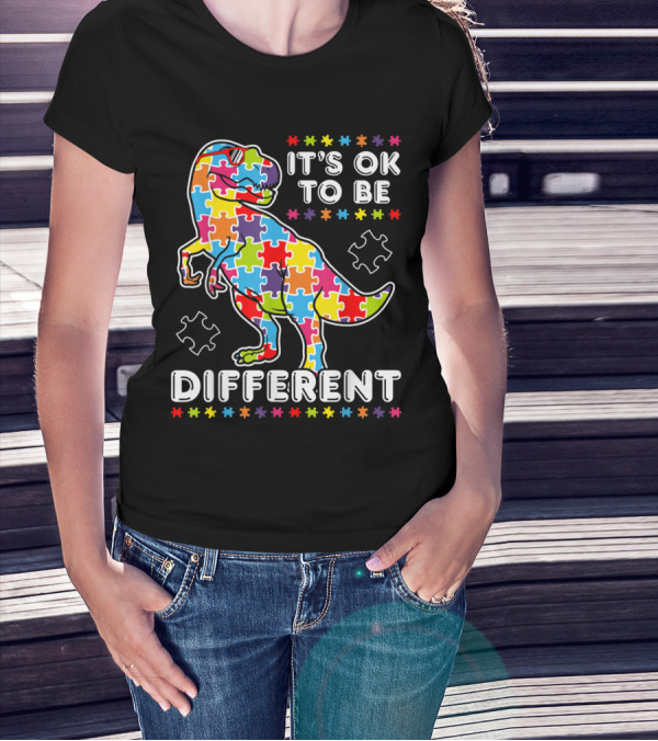 It's OK To Be Different Autism Awareness Dinosaur Puzzle T-Shirt