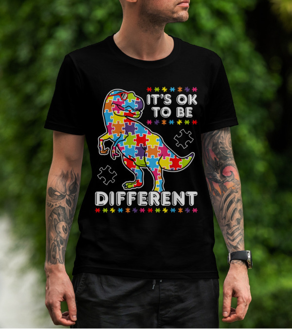 It's OK To Be Different Autism Awareness Dinosaur Puzzle T-Shirt