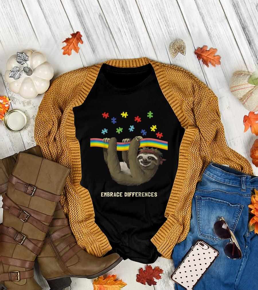 Sassy Sloth Embrace Differences Autism Awareness Puzzles T-Shirt