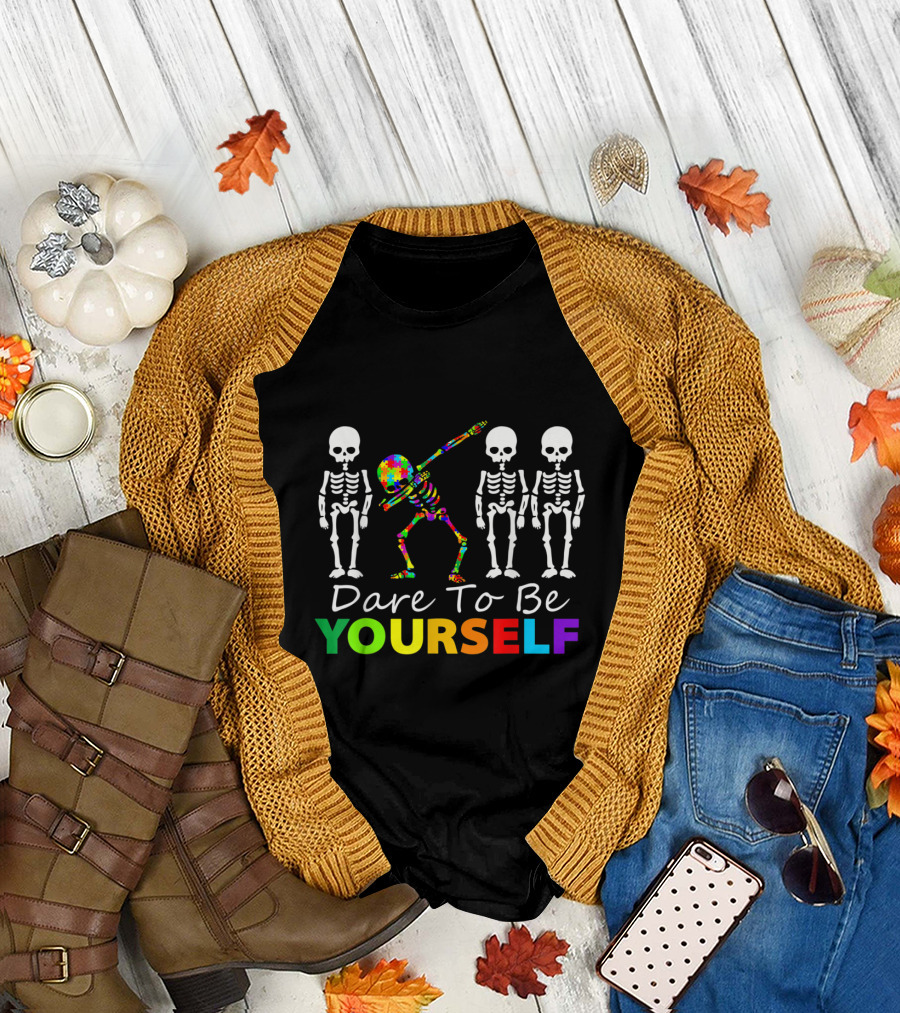 Dare To Be Yourself Skeleton Dabbing Autism Puzzle T-Shirt