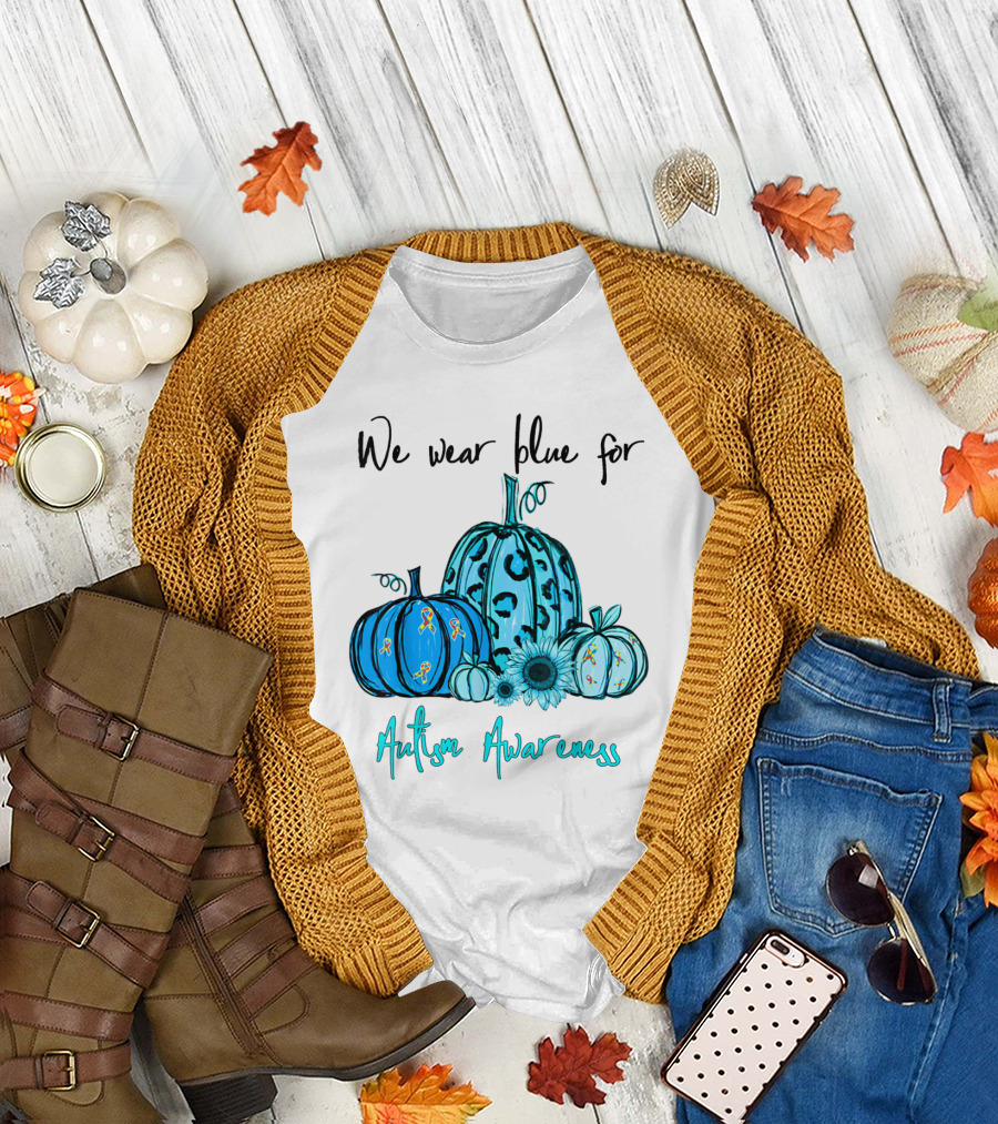 We Wear Blue for Autism Awareness with Blue Pumpkins and Sunflowers T-Shirt