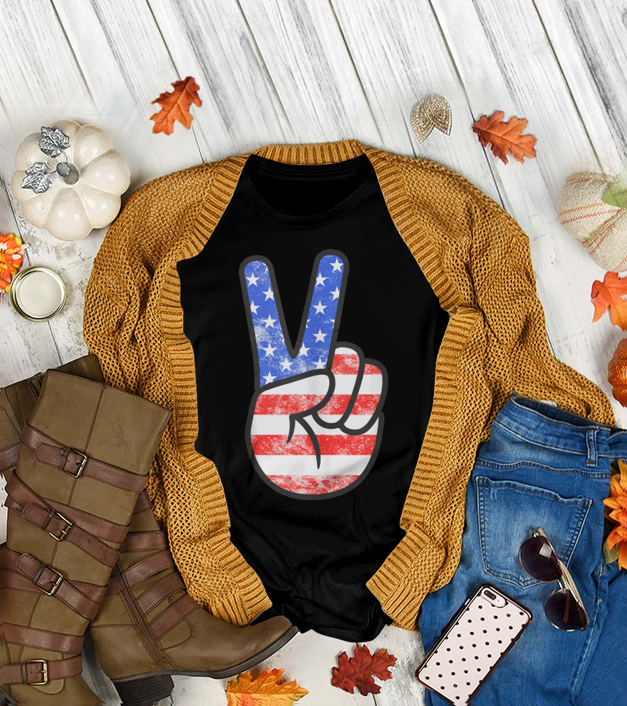 American Flag Peace Sign Hand Patriotic Fourth of July T-Shirt