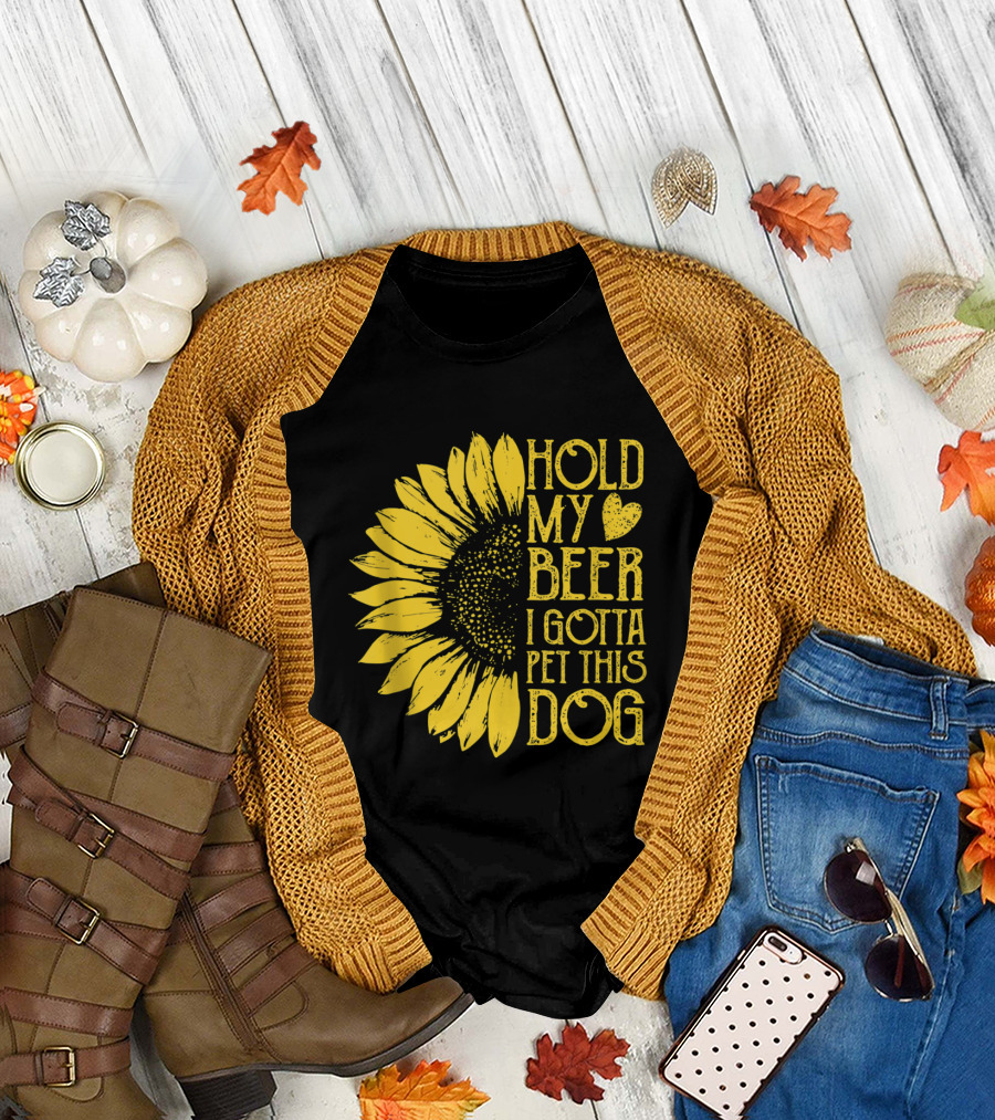 Sunflower Hold My Beer I Gotta Pet This Dog Vintage T-Shirt