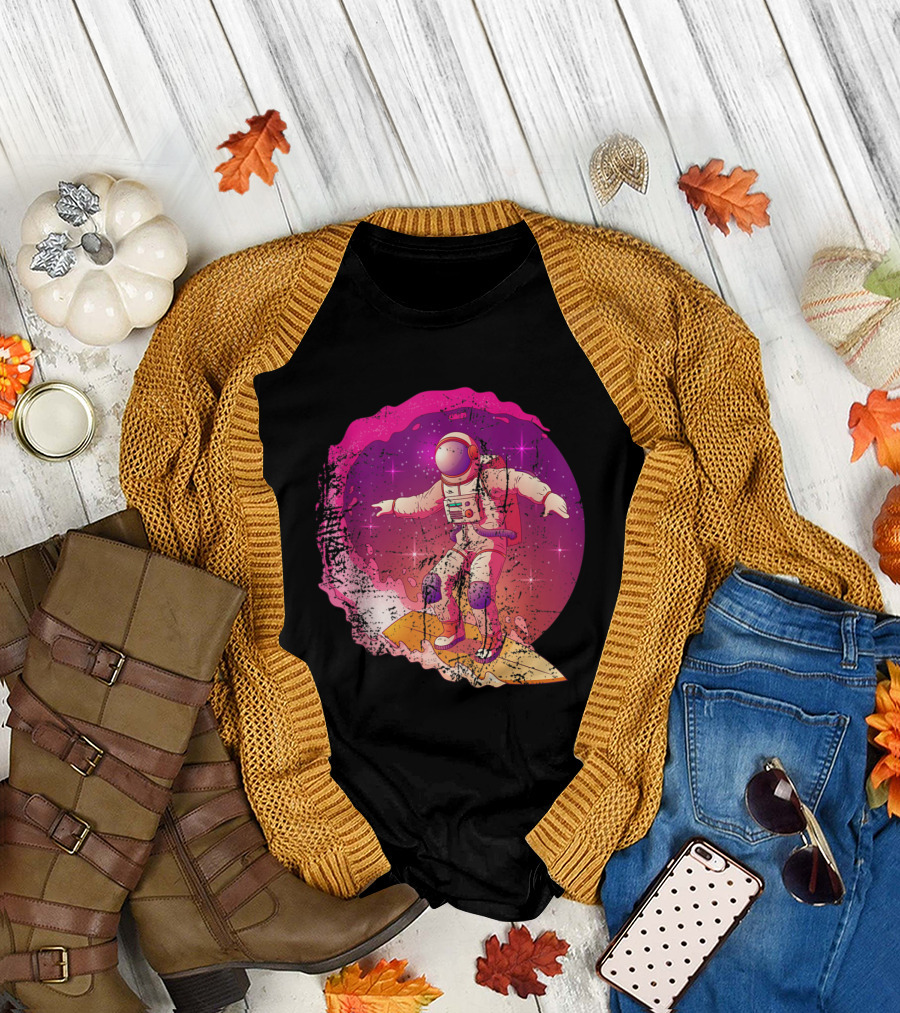 Vintage Surfing Astronaut Galaxy Waves T-Shirt