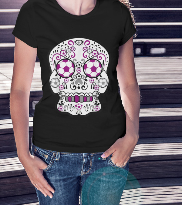 Maroon And Grey Soccer Day Of The Dead Sugar Skull T-Shirt