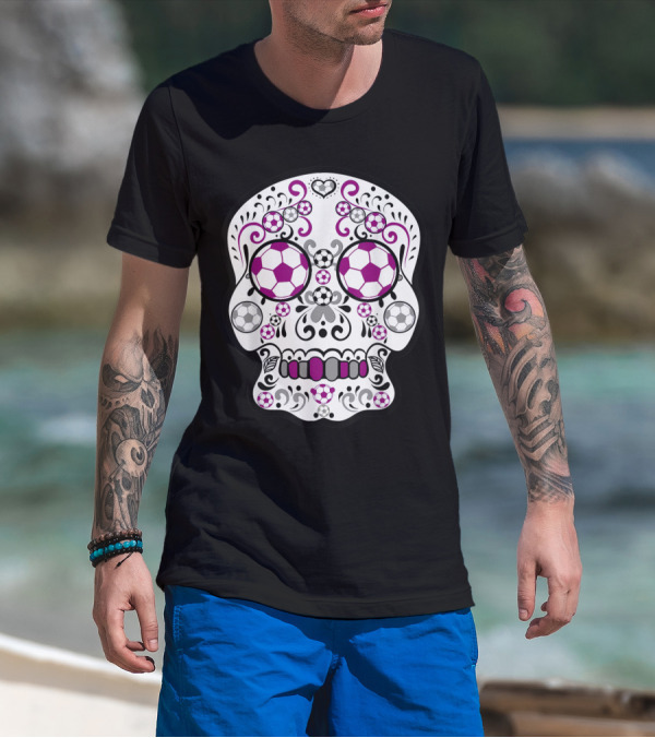 Maroon And Grey Soccer Day Of The Dead Sugar Skull T-Shirt