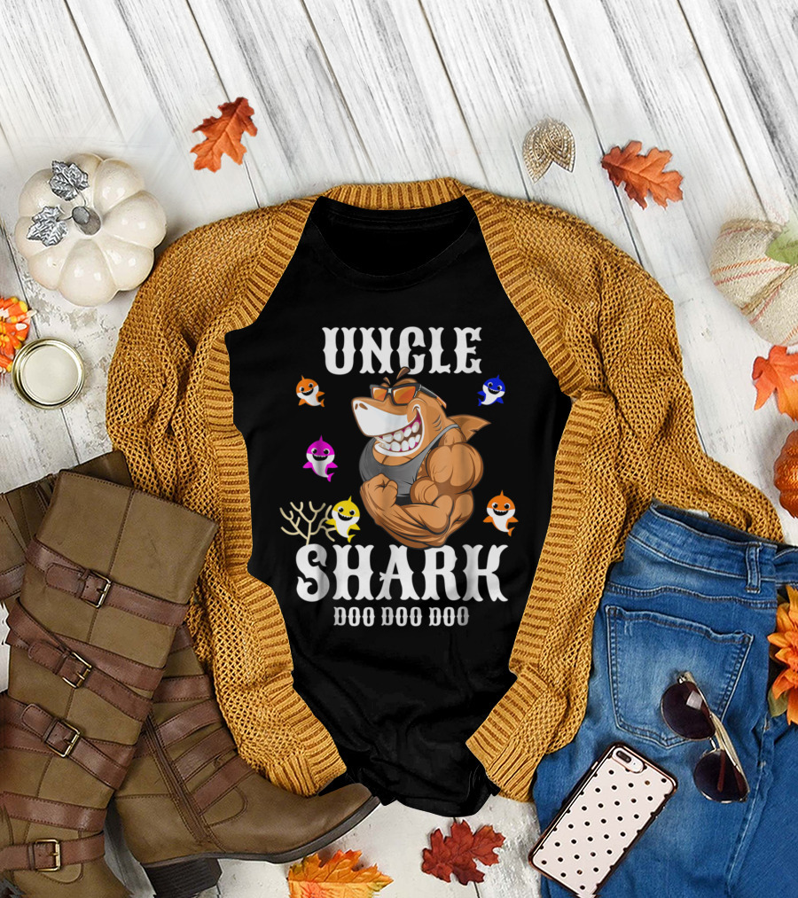 UNCLE SHARK DOO DOO DOO Funny Cartoon Parody with Sunglasses and Baby Sharks T-Shirt