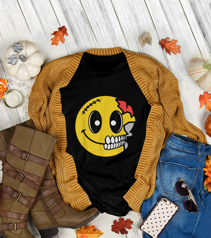 Cute Scary Halloween Smiley Skull Costume Emojis Stitched Face Brain T-Shirt