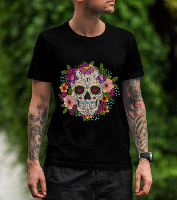 Flower Sugar Skull Day Of The Dead Dia De Los Muertos Floral T-Shirt