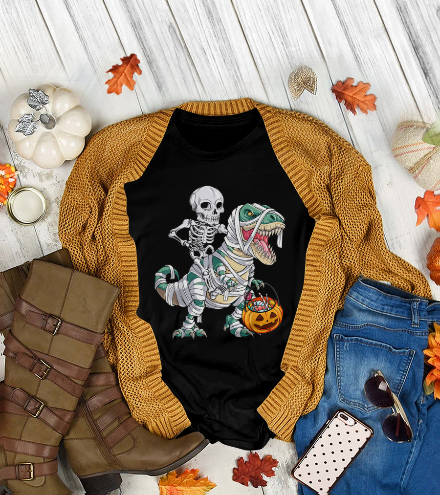 Skeleton on Mummy T-Rex with Pumpkin Basket T-Shirt