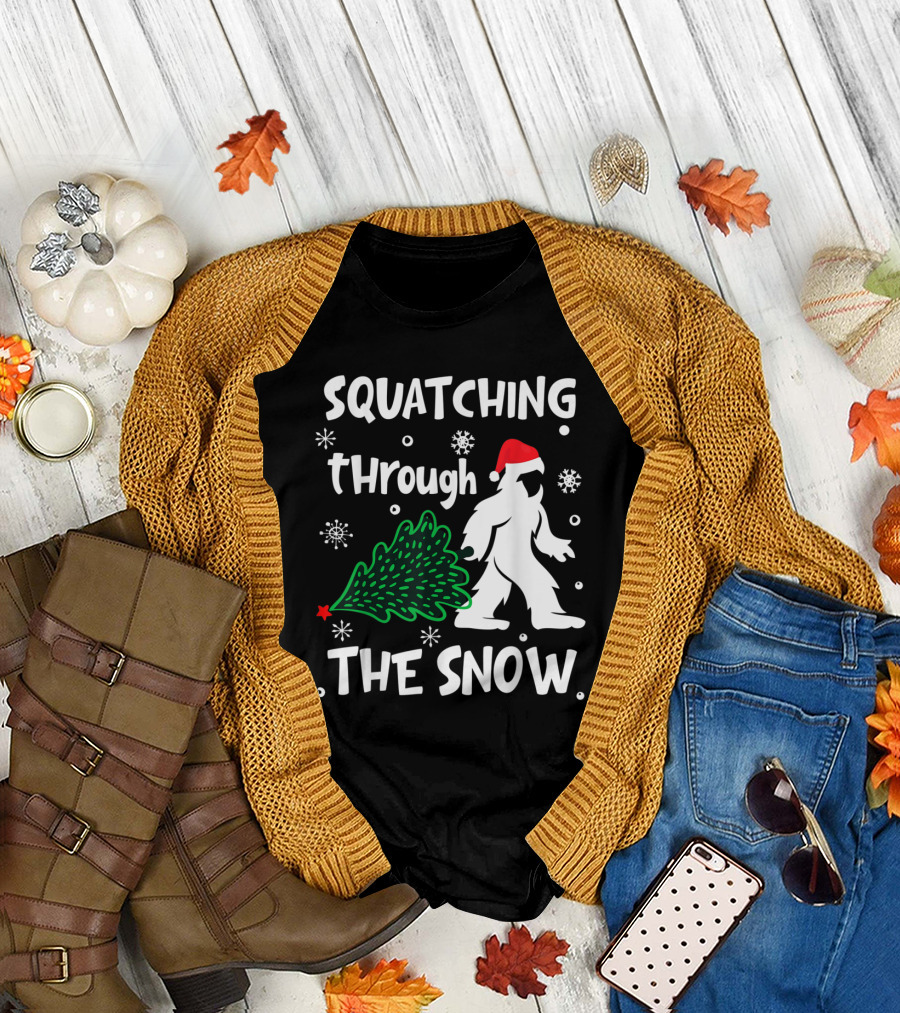 Squatching Through the Snow Christmas Sasquatch Santa Hat Tree T-Shirt