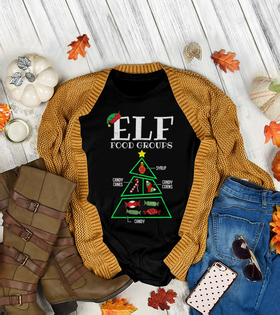 ELF Food Groups Candy Canes Candy Corns Syrup Christmas Tree T-Shirt