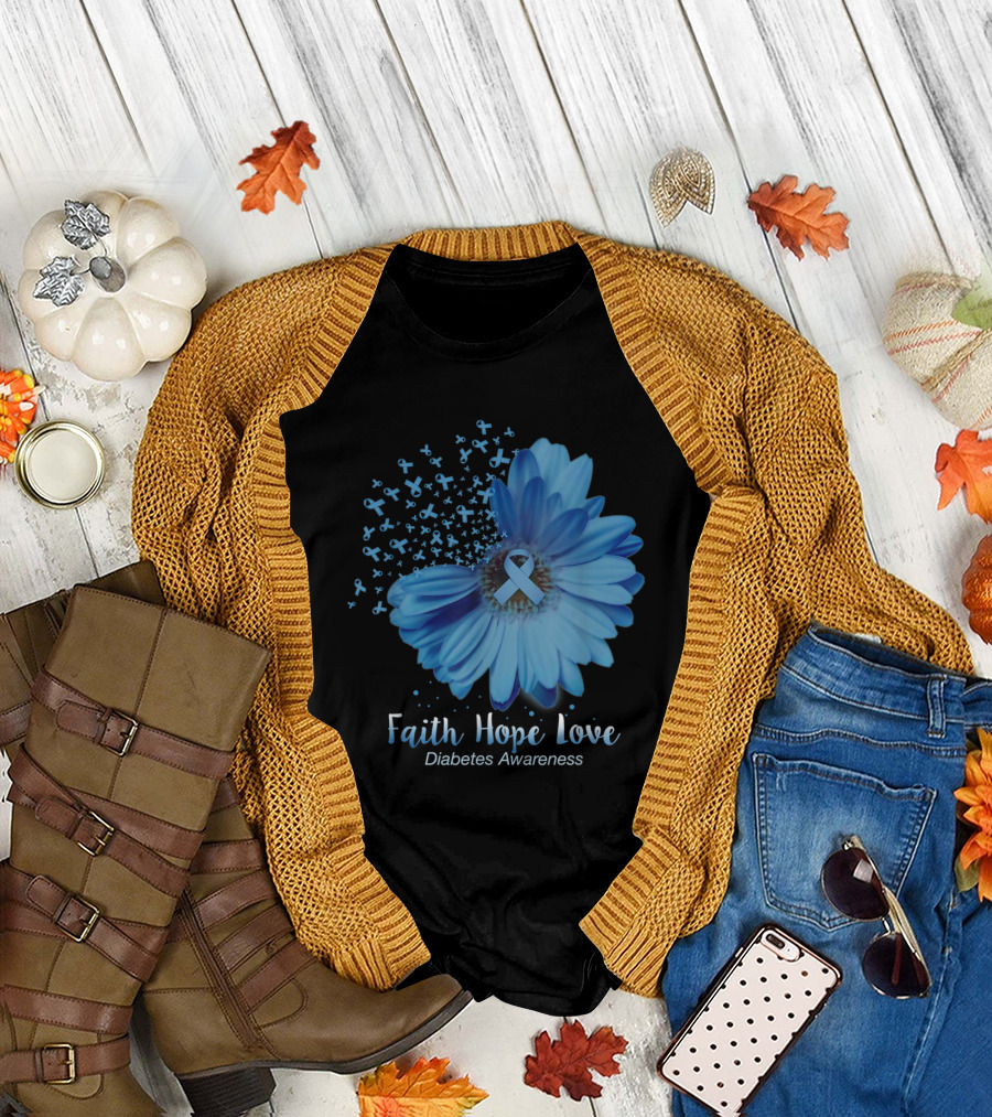 Faith Hope Love Blue Ribbon Sunflower Diabetes Awareness T-Shirt