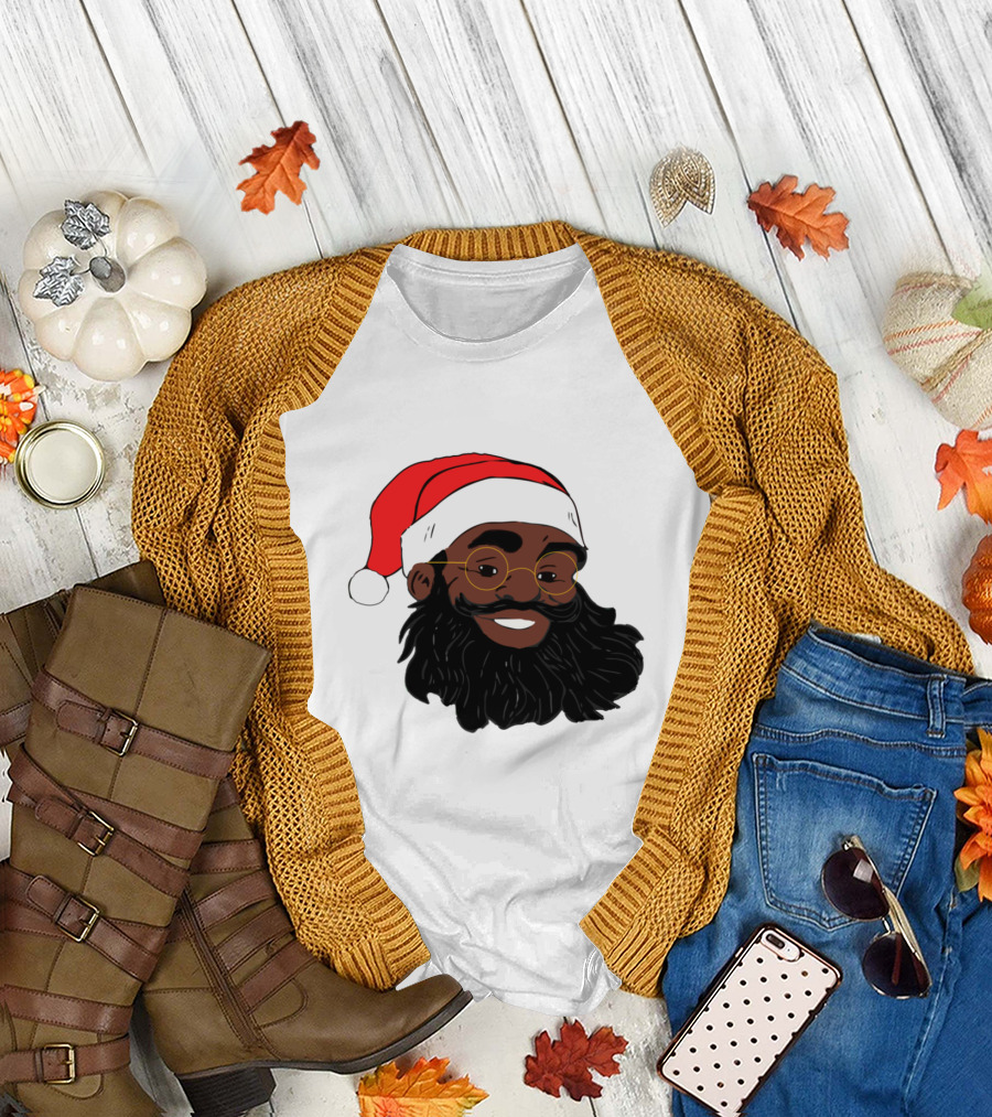 African American Santa Claus with Glasses and Red Hat T-Shirt