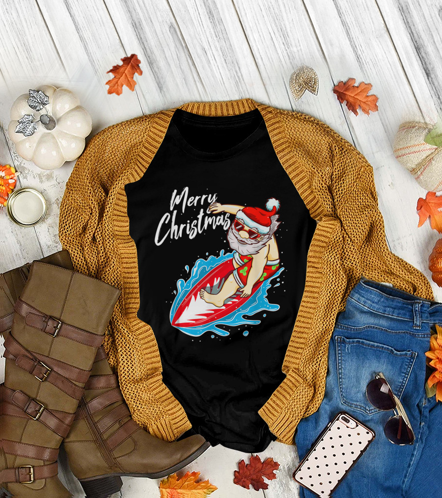 Merry Christmas Surfing Santa Claus Hawaiian T-Shirt