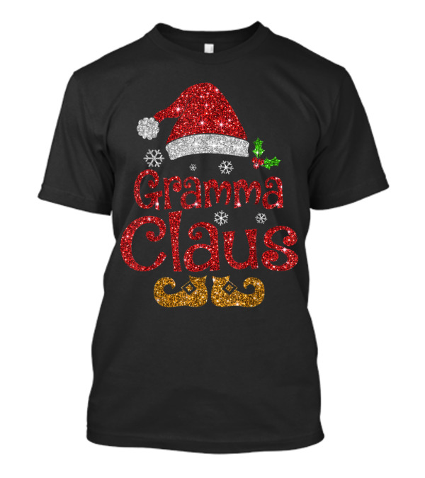 Gramma Claus Santa Hat Snowflakes Holly Berries Christmas Sparkle T-Shirt
