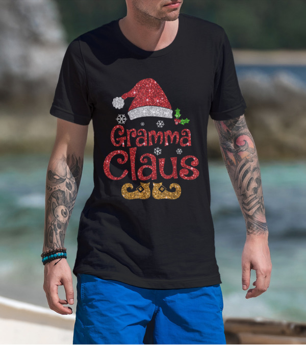 Gramma Claus Santa Hat Snowflakes Holly Berries Christmas Sparkle T-Shirt