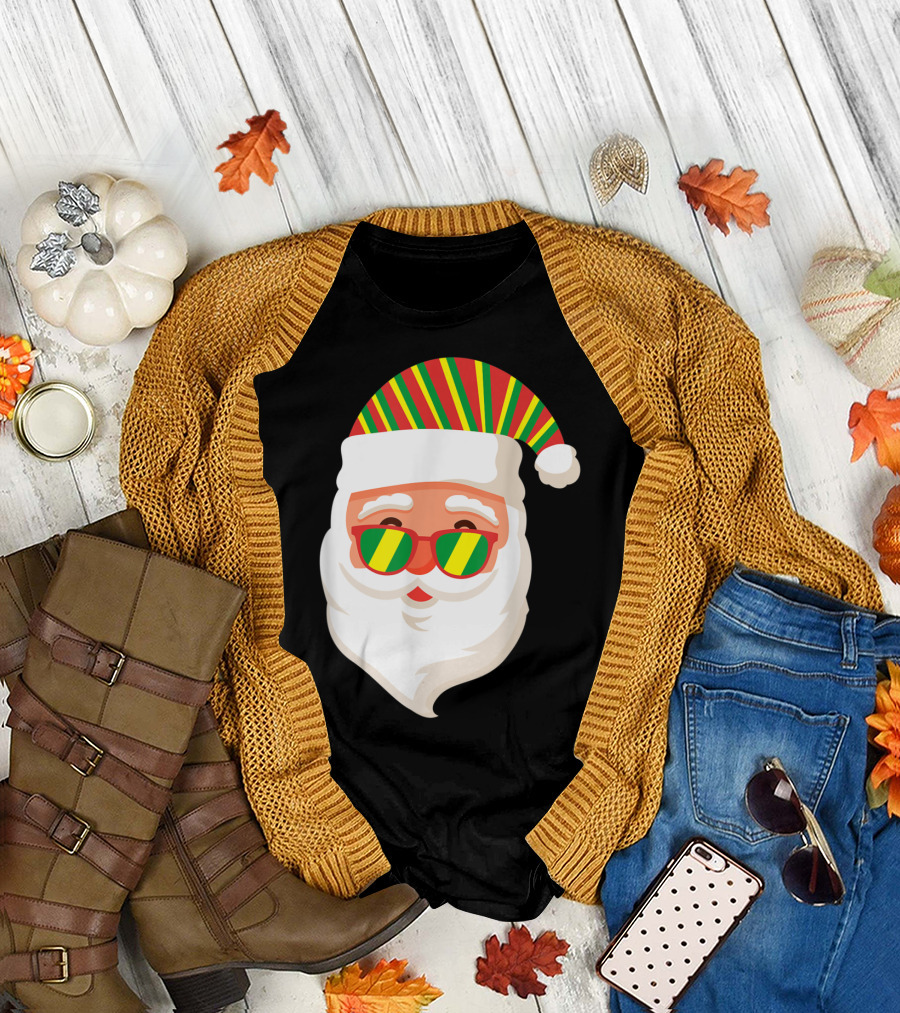 Rasta Colors Santa Claus with Rastafari Flag Hat and Sunglasses T-Shirt