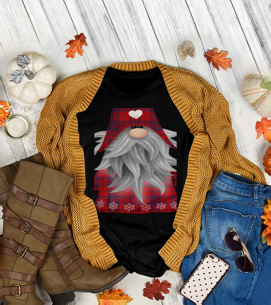 Santa Claus Garden Gnome Merry Christmas Snowflakes Plaid T-Shirt