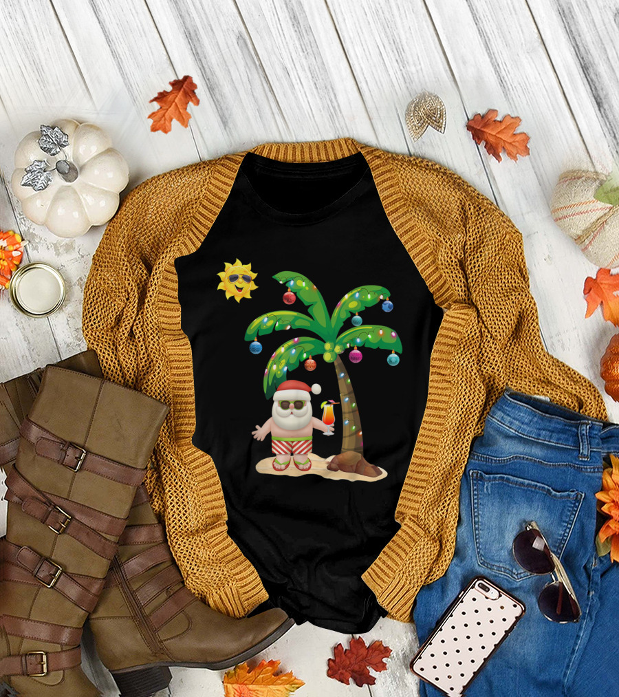 Mele Kalikimaka Aloha Santa Claus Under Palm Tree with Sunglasses Sun T-Shirt