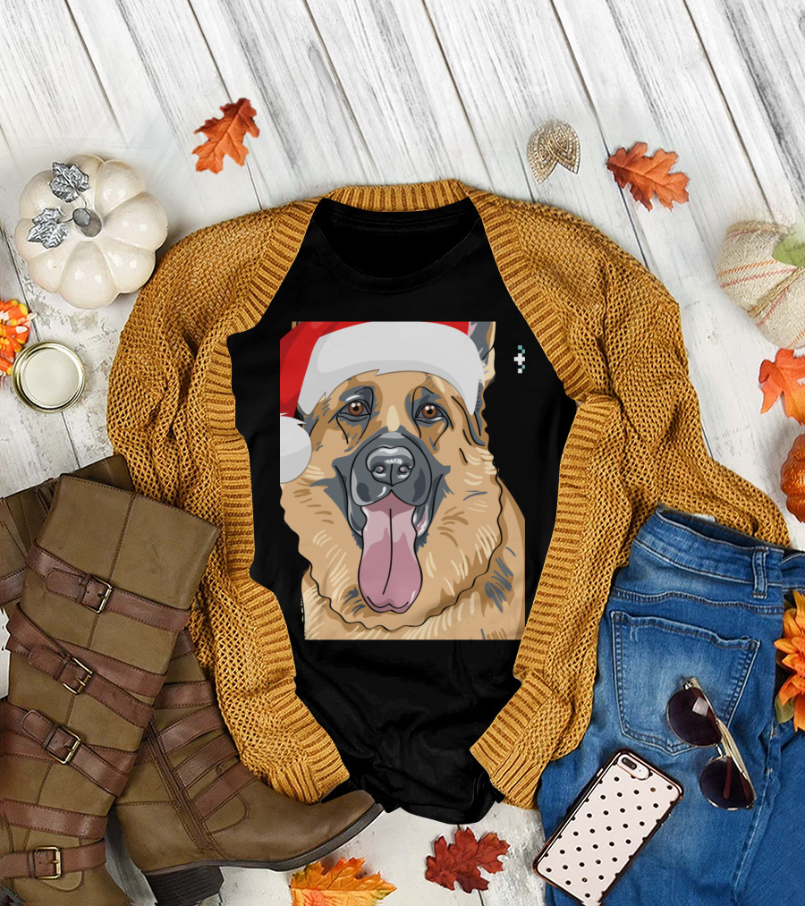 German Shepherd Merry Woofmas Christmas Dog with Santa Hat T-Shirt