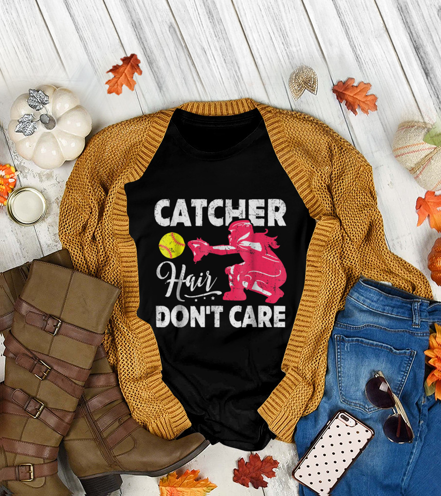 Catcher Hair Don't Care Softball Catcher Girls with Pink Catcher and Yellow Softball T-Shirt