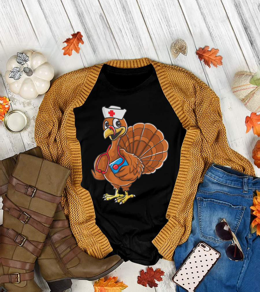 Thanksgiving Nurse Turkey Nursing Student RN LPN Stethoscope Hat Cartoon T-Shirt