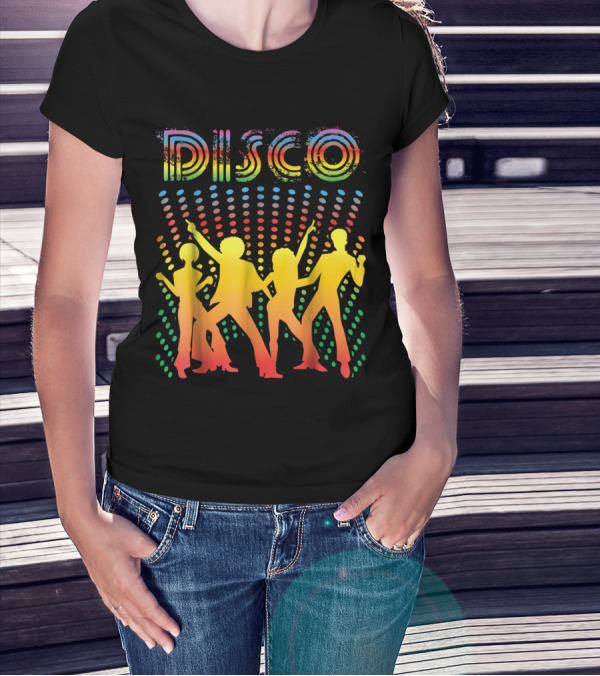 Disco Vintage Style Dancing With Colorful Silhouettes And Retro T-Shirt