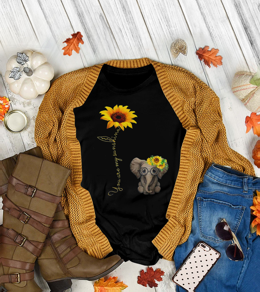 You Are My Sunshine Sunflower Elephant with Glasses Hippie T-Shirt