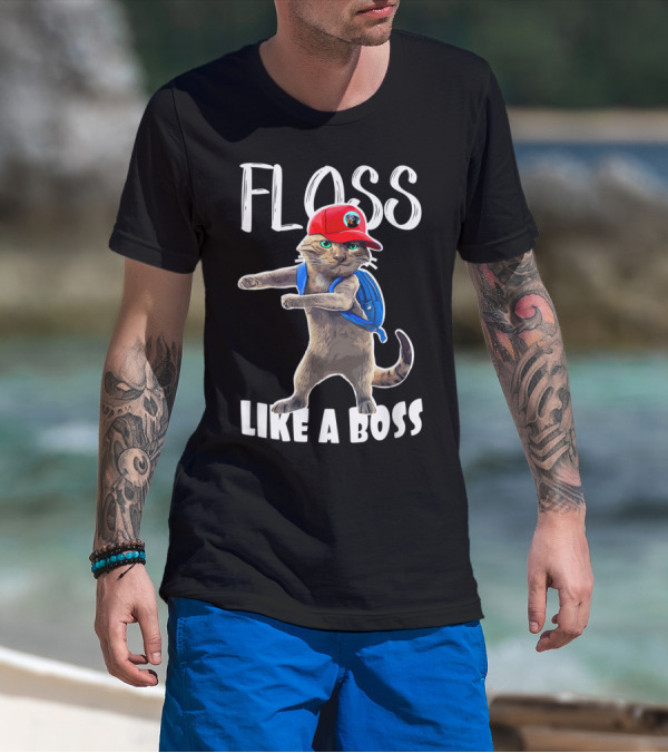Floss Like A Boss Cat With Red Hat And Backpack T-Shirt