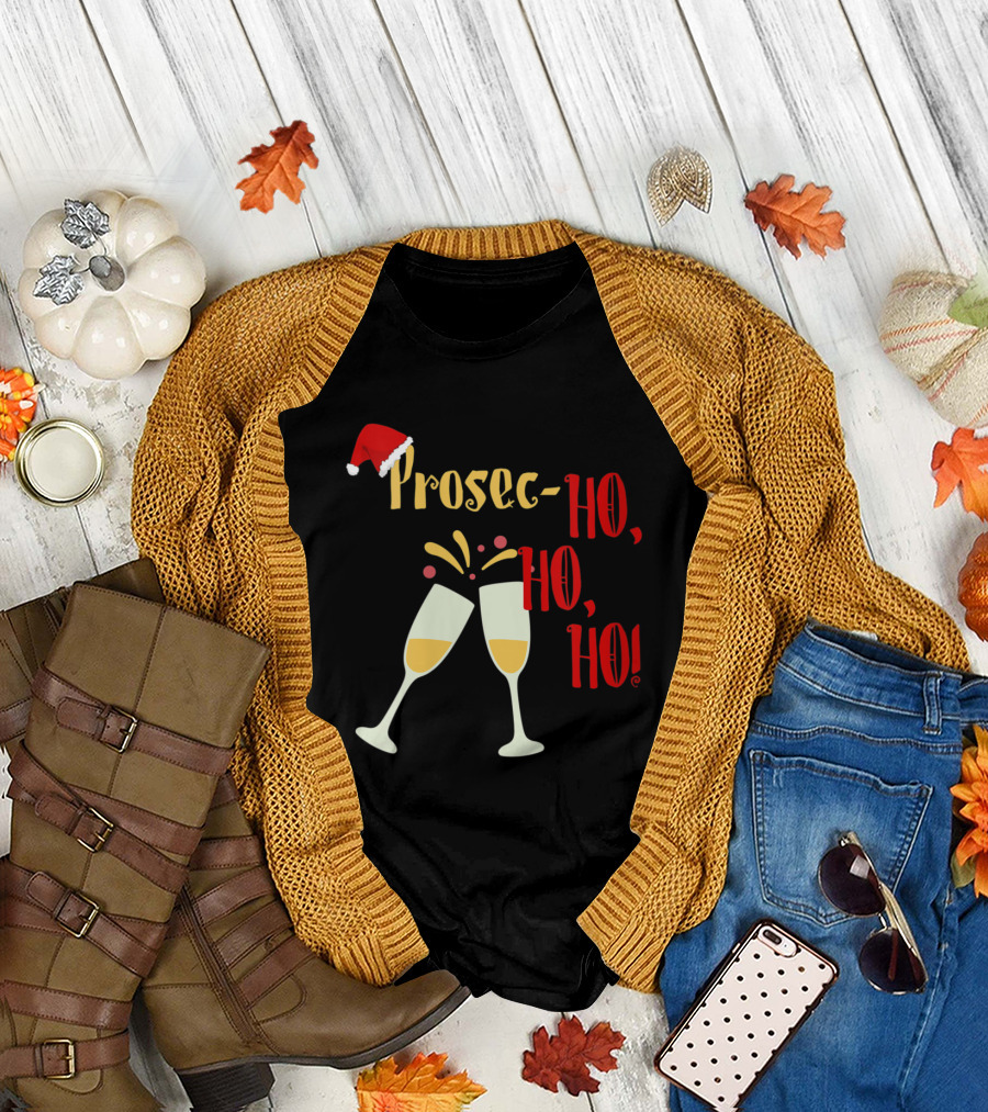 Prosec-Ho Ho Ho Funny Wine Lover Christmas Celebration Santa Hat Champagne Glasses T-Shirt