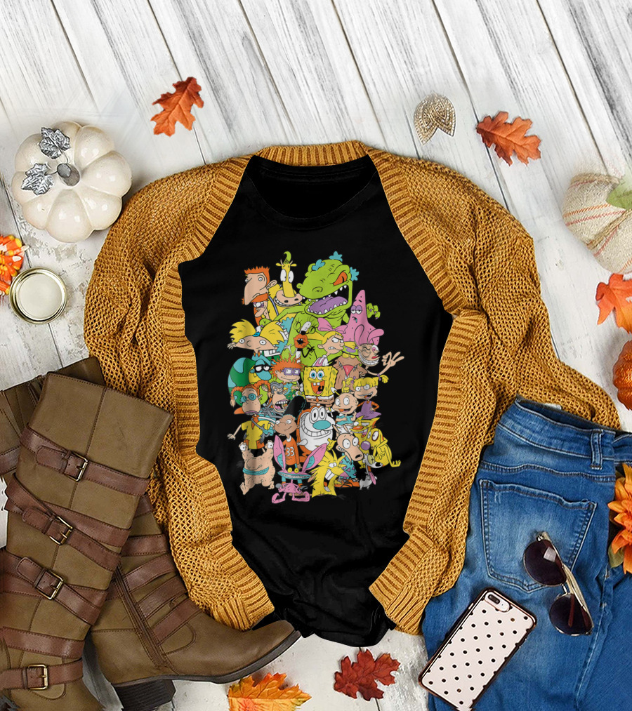 Nickelodeon 90s Cartoon Characters Collage Rugrats Hey Arnold SpongeBob SquarePants Ren and Stimpy T-Shirt