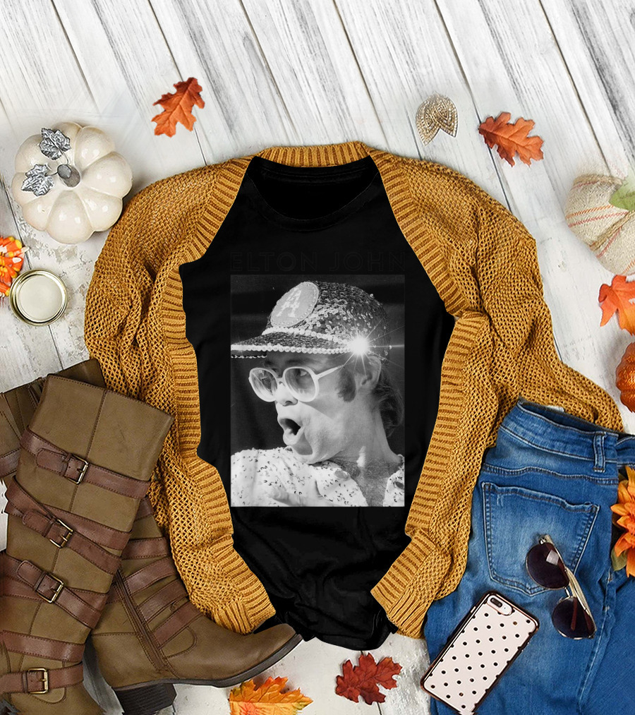 ELTON JOHN Black and White Photo Sequin Cap Iconic T-Shirt