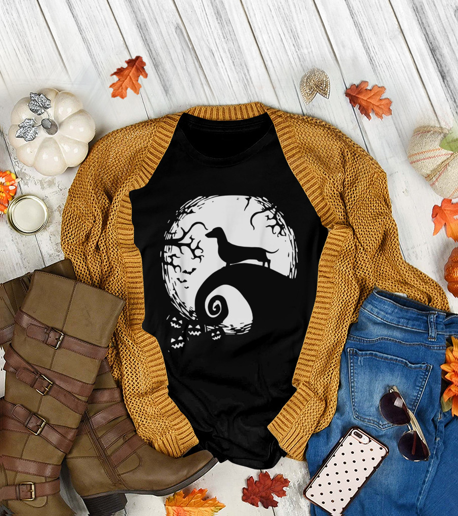 Dachshund Silhouette on Spiral Hill with Moon and Jack-O'-Lanterns Halloween Scene for Dachshund Lovers T-Shirt
