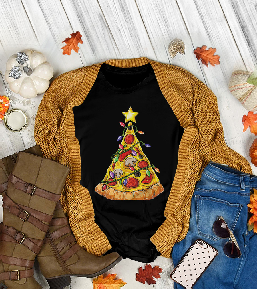 Pizza Christmas Tree Lights Xmas Crustmas Star Slice T-Shirt