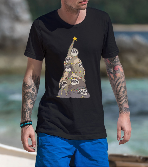 Christmas Funny Sloth Christmas Tree Star Festive Lights T-Shirt
