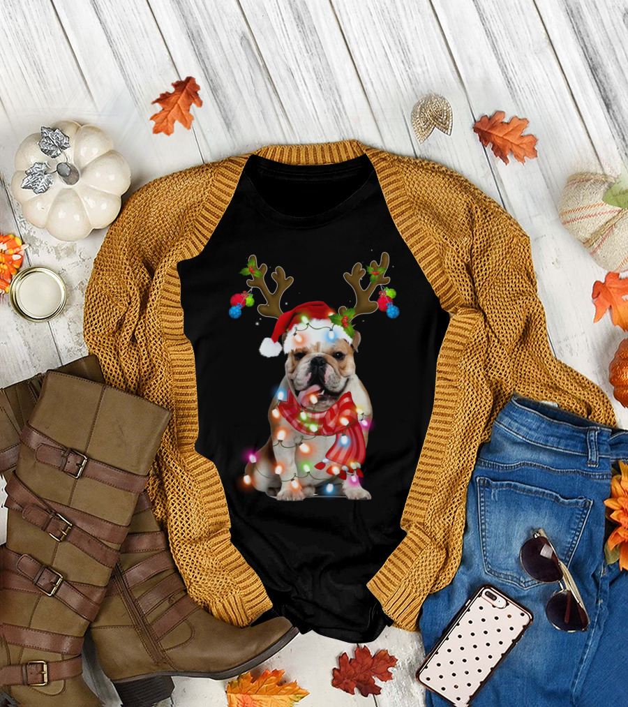 English Bulldog with Santa Hat Reindeer Antlers and Christmas Lights T-Shirt