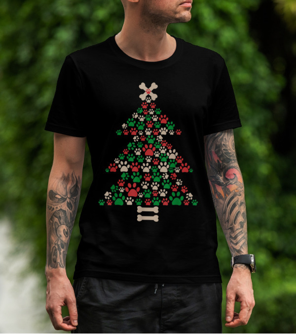 Christmas Tree Decorated With Bones And Paw Prints T-Shirt