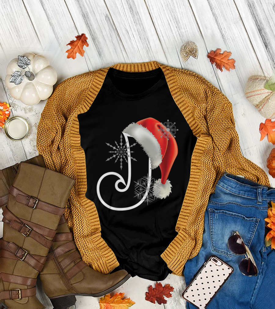 Cutest Capital Letter J Santa Hat Monogram Christmas Holidays Snowflakes T-Shirt