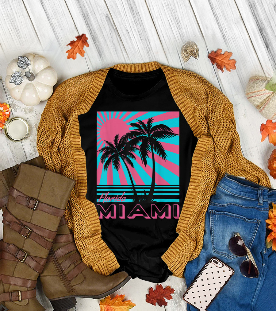Florida Miami Retro Palm Trees Sunburst T-Shirt