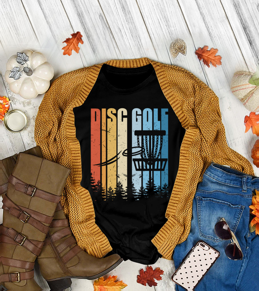 Retro Disc Golf Sunset with Basket and Trees T-Shirt