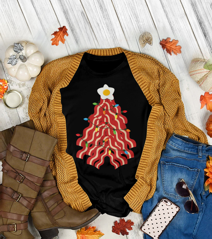 Bacon Christmas Tree with Egg Star and Lights for Pork Lovers T-Shirt