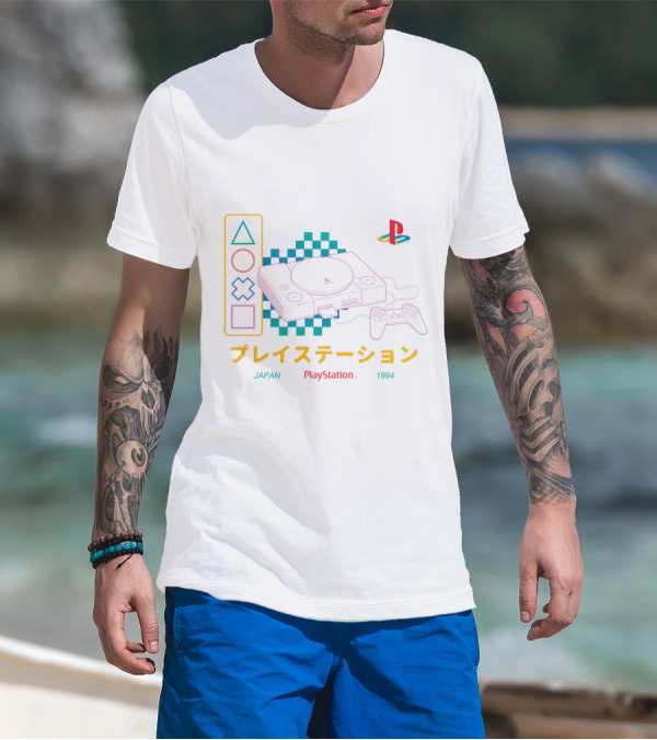 Japan PlayStation 1994 Neon Checker 90's T-Shirt