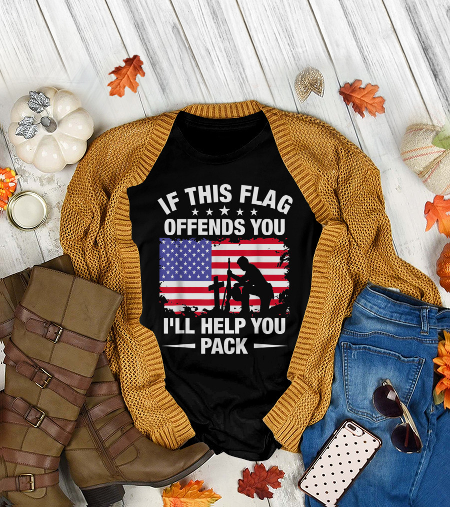If This Flag Offends You I'll Help You Pack American Flag Soldier Kneeling Cross Patriotic T-Shirt