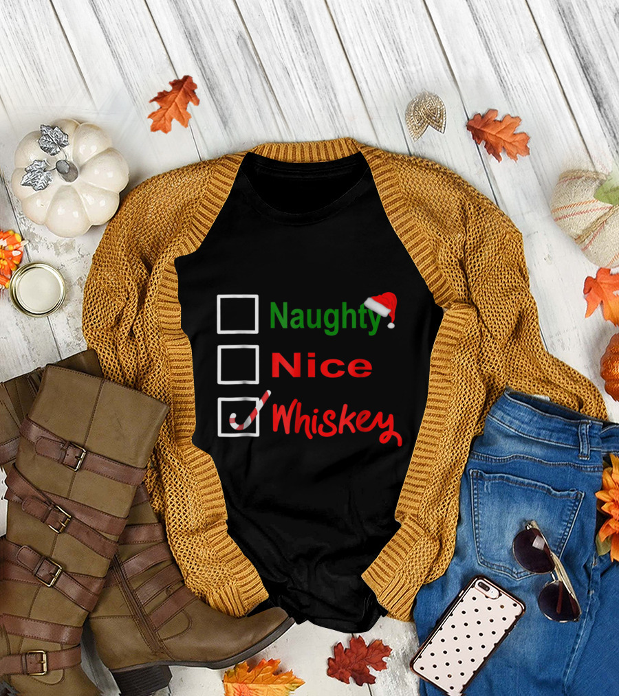 Naughty Nice Whiskey Santa Hat Funny Christmas Drinking T-Shirt