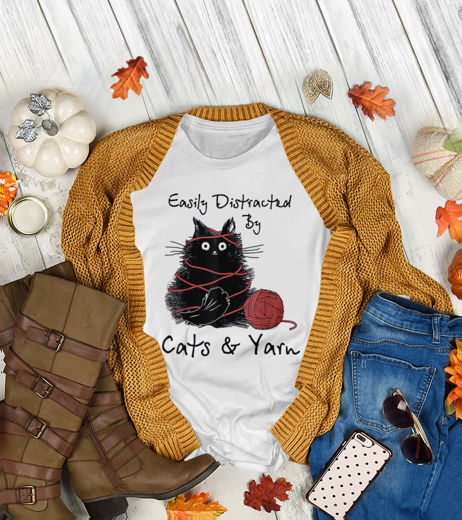 Easily Distracted by Cats and Yarn Black Cat with Red Yarn Ball T-Shirt