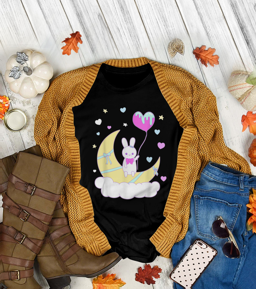 Yume Kawaii Fashion Nu Goth Bunny Sitting on Moon with Heart Balloon and Stars T-Shirt