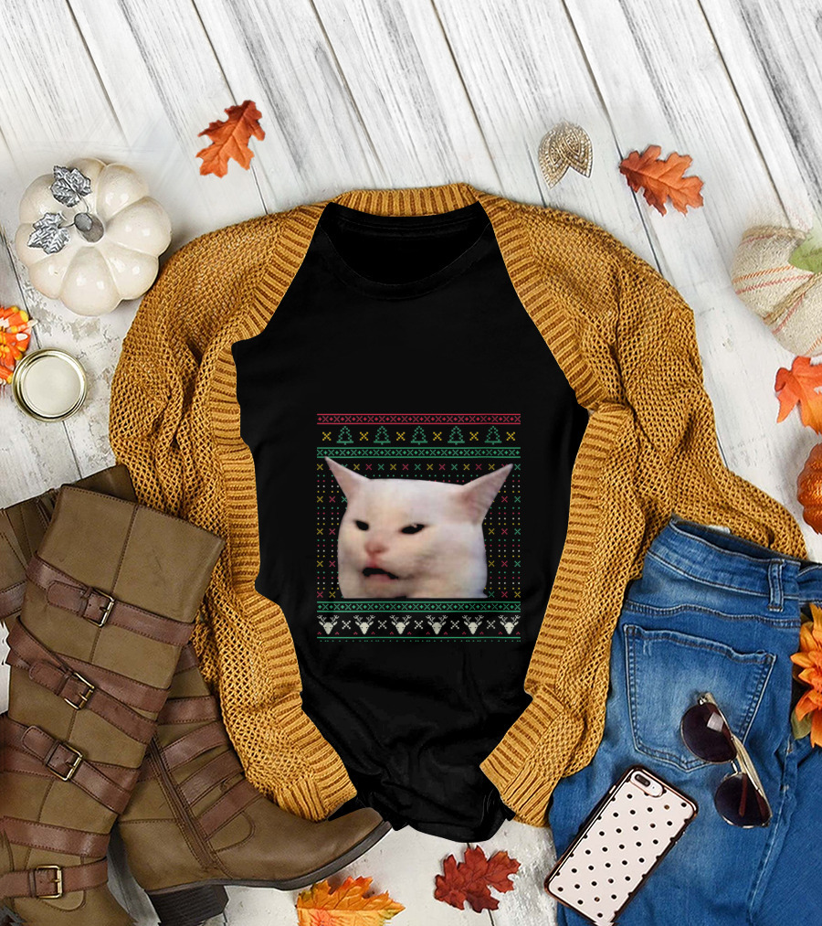 Woman Yelling at a Cat Ugly Xmas Sweaters Funny Meme Face T-Shirt