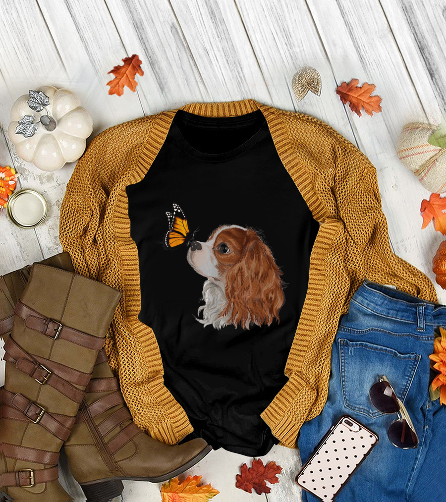 Cavalier King Charles Spaniel with Monarch Butterfly Interaction T-Shirt