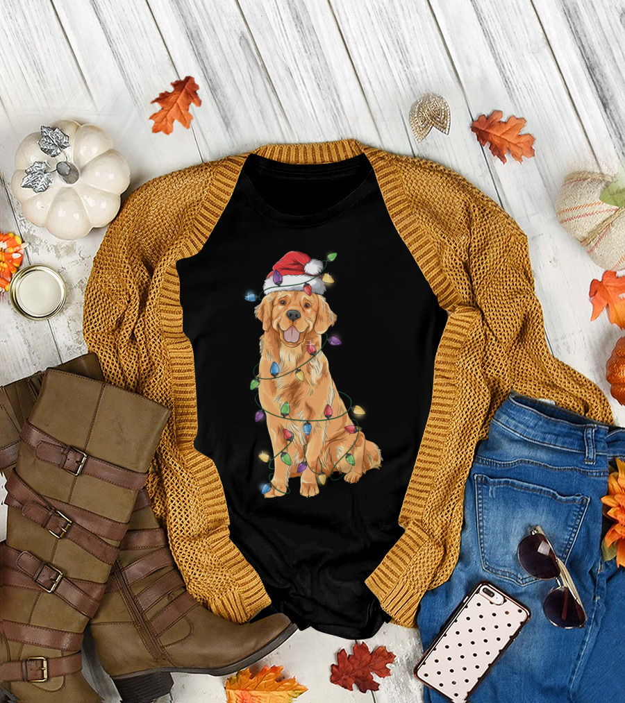 Golden Retriever Wrapped in Christmas Lights Santa Hat Reindeer T-Shirt
